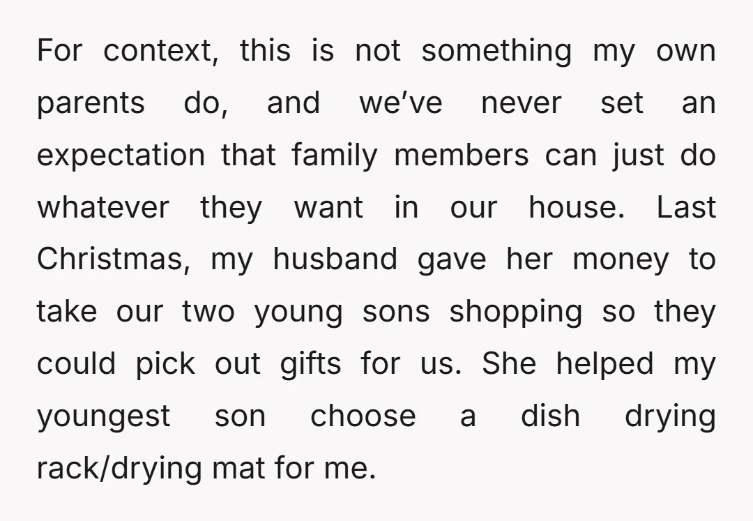 For context, this is not something my own parents do, and we’ve never set an expectation that family members can just do whatever they want in our house. Last Christmas,...