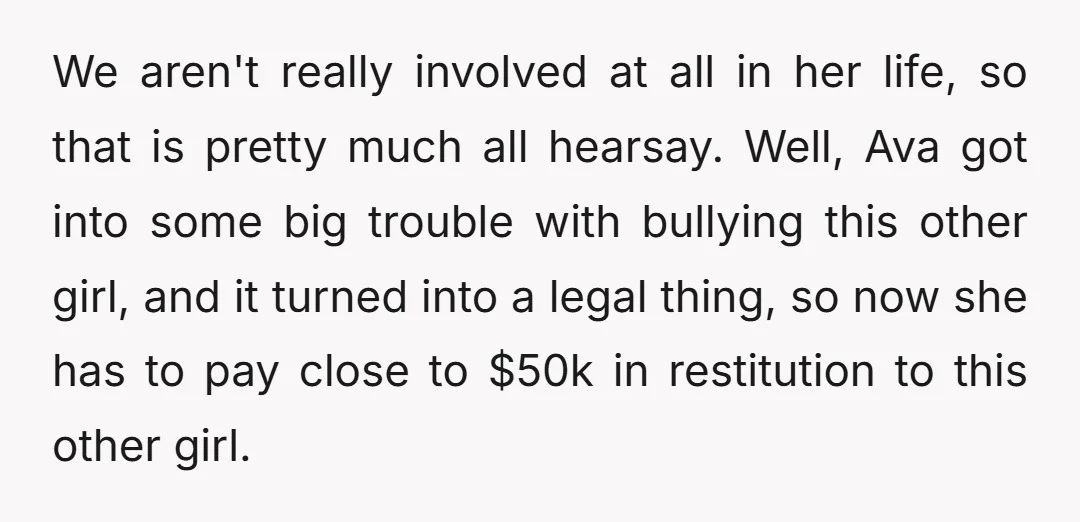 We aren't really involved at all in her life, so that is pretty much all hearsay. Well, Ava got into some big trouble with bullying this other girl, and it...