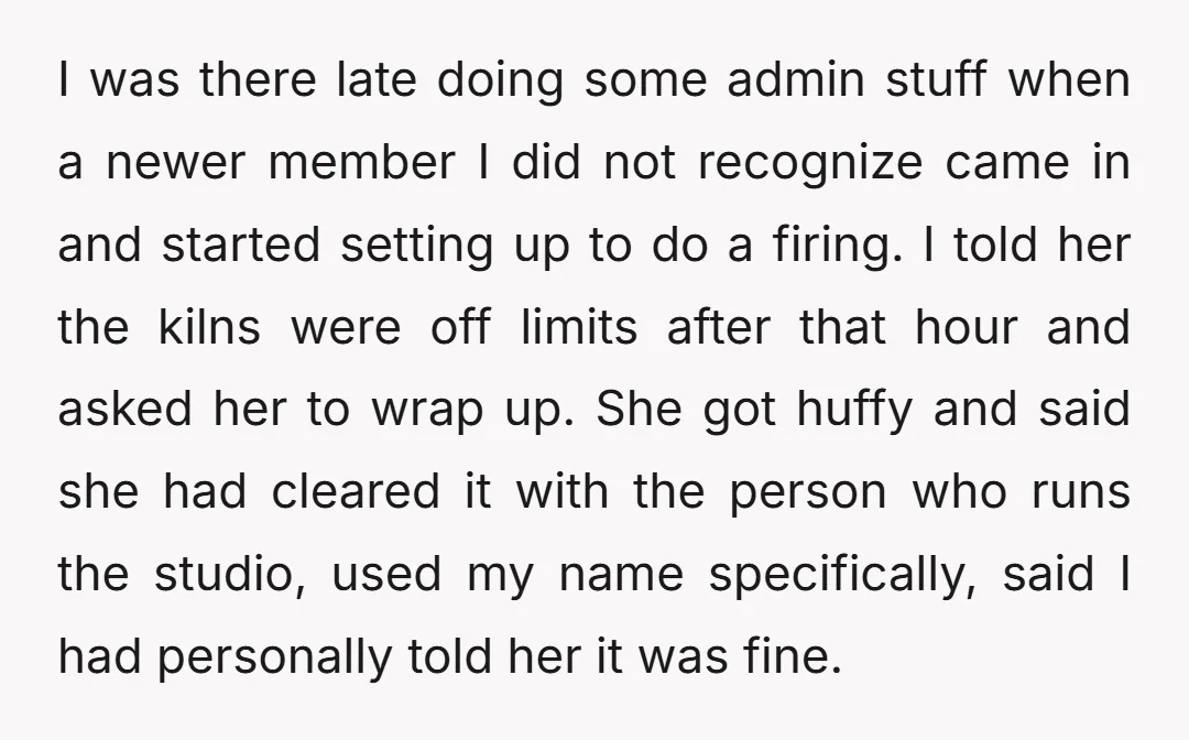 I was there late doing some admin stuff when a newer member I did not recognize came in and started setting up to do a firing. I told her the...