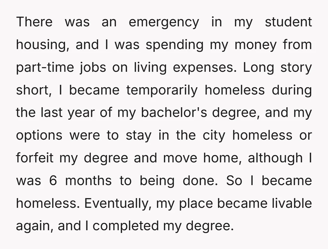 There was an emergency in my student housing, and I was spending my money from part-time jobs on living expenses. Long story short, I became temporarily homeless during the last...