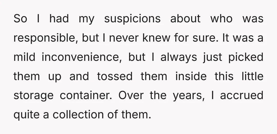 So I had my suspicions about who was responsible, but I never knew for sure. It was a mild inconvenience, but I always just picked them up and tossed them...