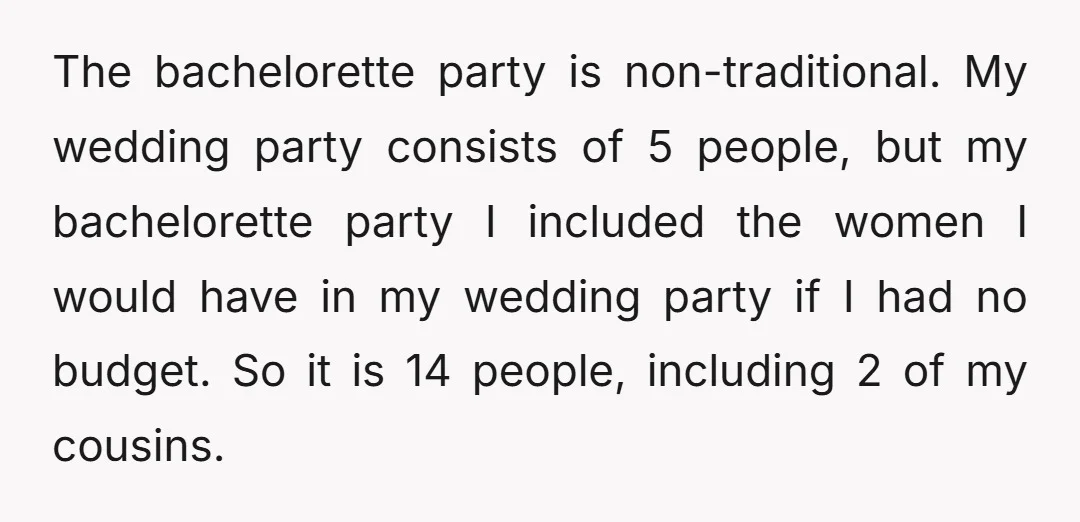 The bachelorette party is non-traditional. My wedding party consists of 5 people, but my bachelorette party I included the women I would have in my wedding party if I had...