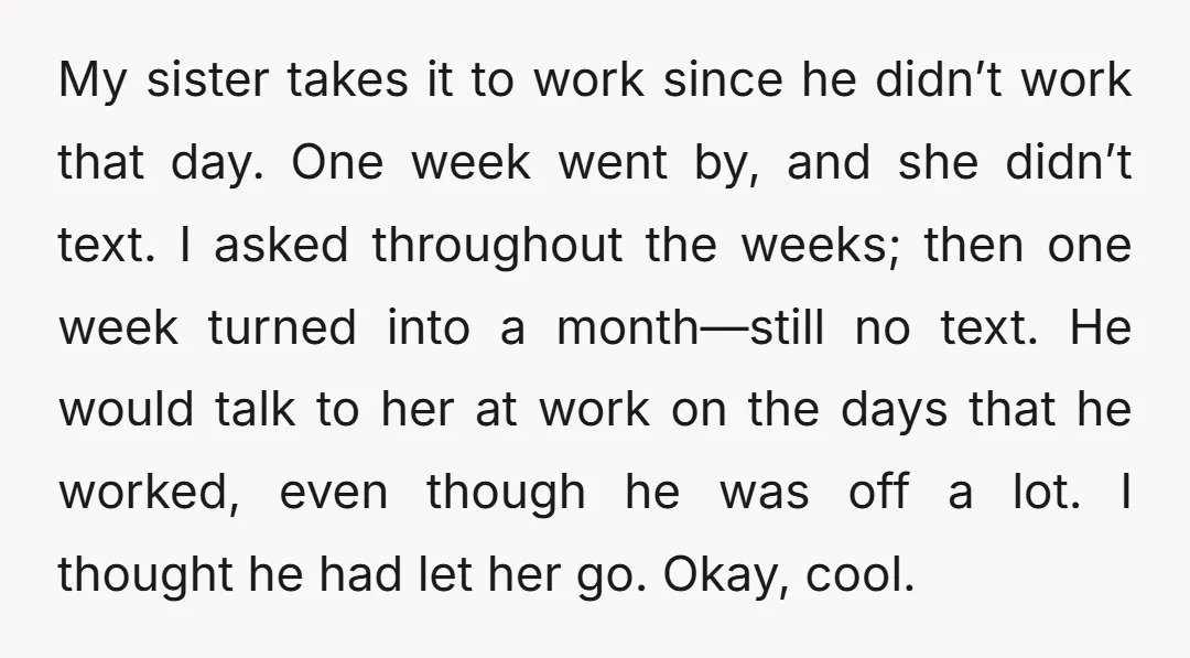 My sister takes it to work since he didn’t work that day. One week went by, and she didn’t text. I asked throughout the weeks; then one week turned into...