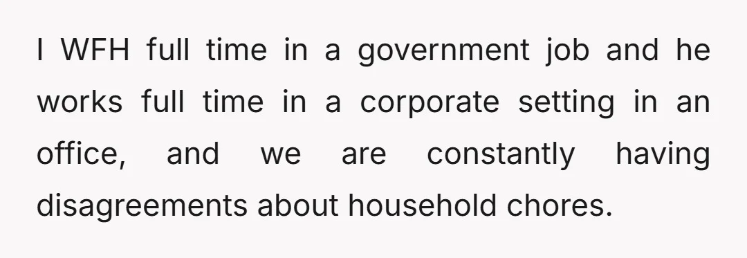 I WFH full time in a government job and he works full time in a corporate setting in an office, and we are constantly having disagreements about household chores.