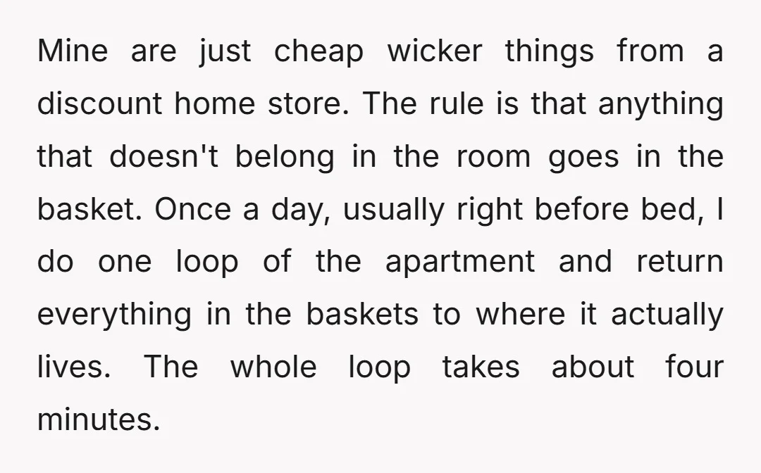 Mine are just cheap wicker things from a discount home store. The rule is that anything that doesn't belong in the room goes in the basket. Once a day, usually...