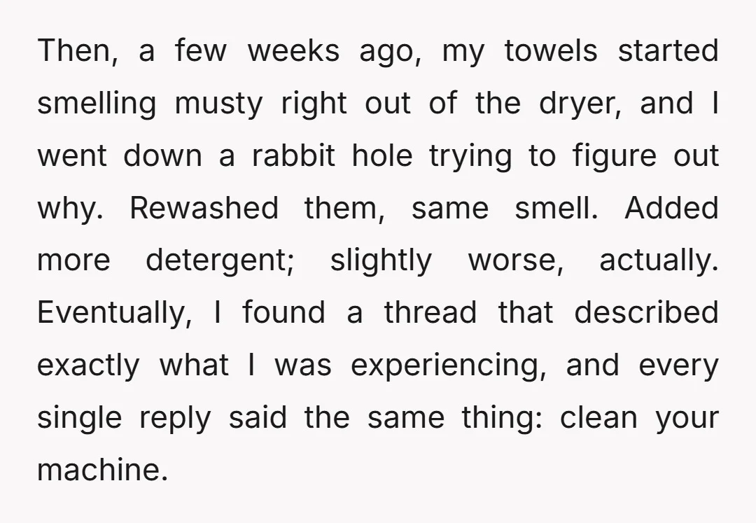 Then, a few weeks ago, my towels started smelling musty right out of the dryer, and I went down a rabbit hole trying to figure out why. Rewashed them, same...