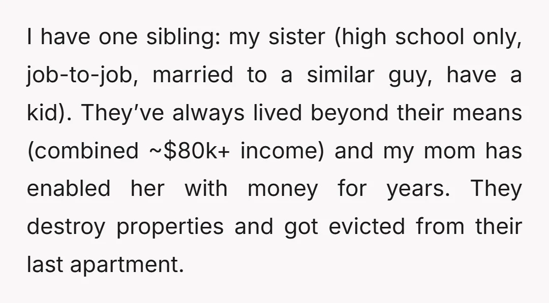 I have one sibling: my sister (high school only, job-to-job, married to a similar guy, have a kid). They’ve always lived beyond their means (combined ~$80k+ income) and my mom...