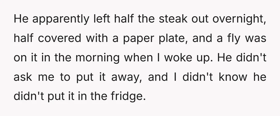 He apparently left half the steak out overnight, half covered with a paper plate, and a fly was on it in the morning when I woke up. He didn't ask...