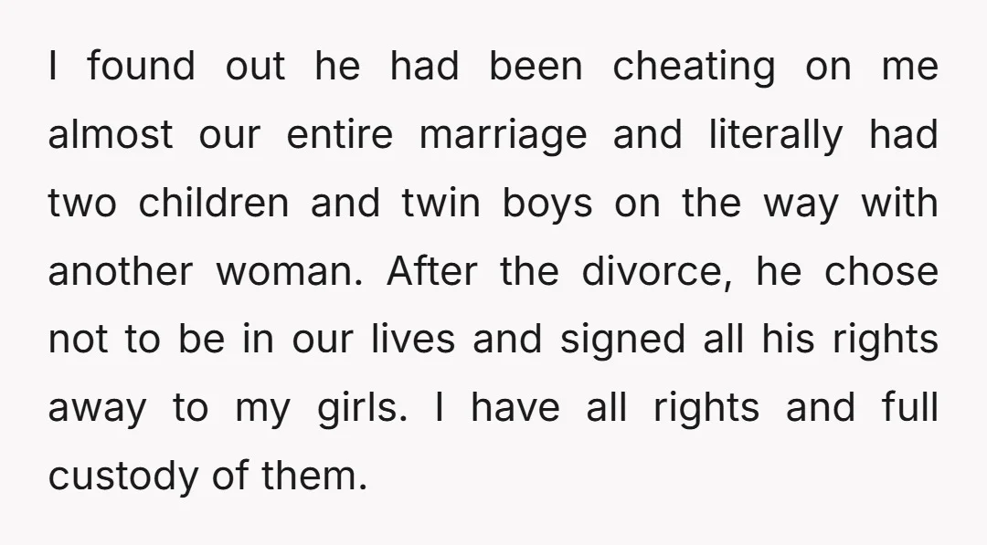 I found out he had been cheating on me almost our entire marriage and literally had two children and twin boys on the way with another woman. After the divorce,...