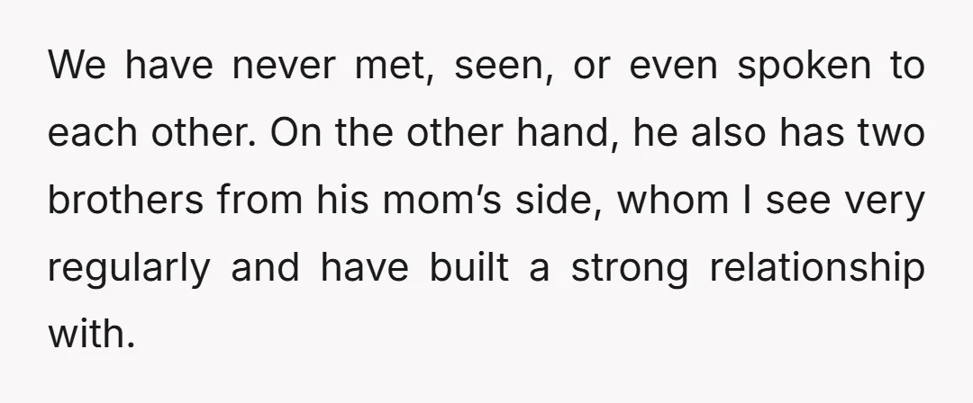 We have never met, seen, or even spoken to each other. On the other hand, he also has two brothers from his mom’s side, whom I see very regularly and...
