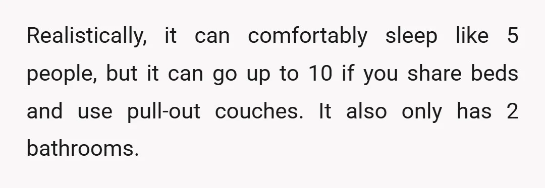 Realistically, it can comfortably sleep like 5 people, but it can go up to 10 if you share beds and use pull-out couches. It also only has 2 bathrooms.