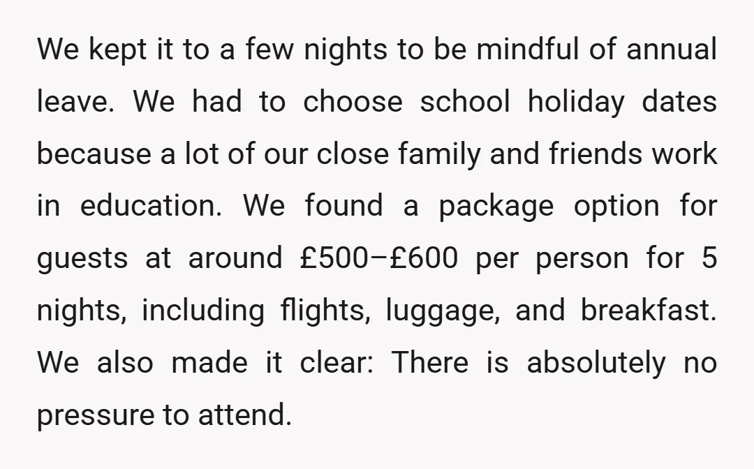 We kept it to a few nights to be mindful of annual leave. We had to choose school holiday dates because a lot of our close family and friends work...