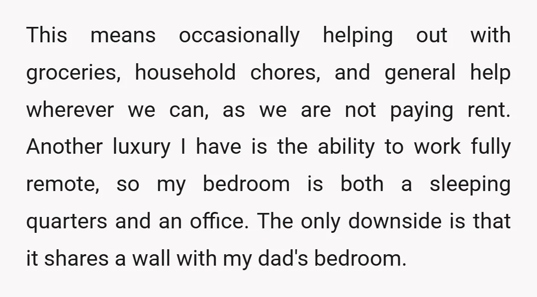 This means occasionally helping out with groceries, household chores, and general help wherever we can, as we are not paying rent. Another luxury I have is the ability to work...