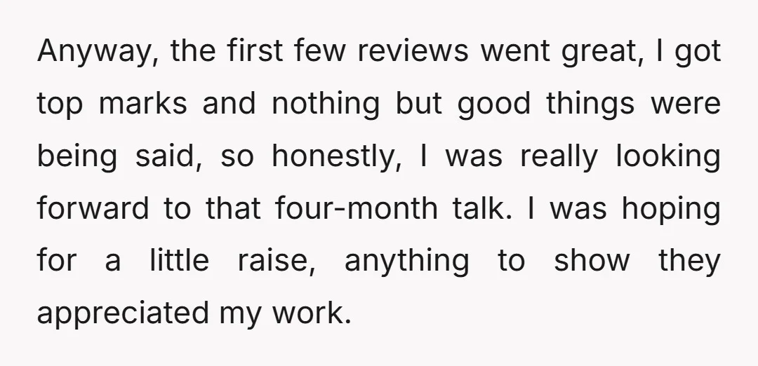 Anyway, the first few reviews went great, I got top marks and nothing but good things were being said, so honestly, I was really looking forward to that four-month talk....