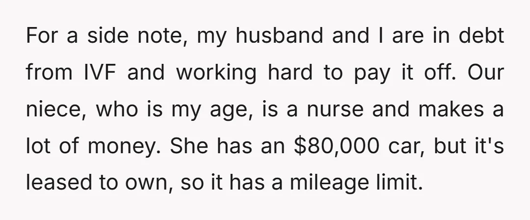For a side note, my husband and I are in debt from IVF and working hard to pay it off. Our niece, who is my age, is a nurse and...