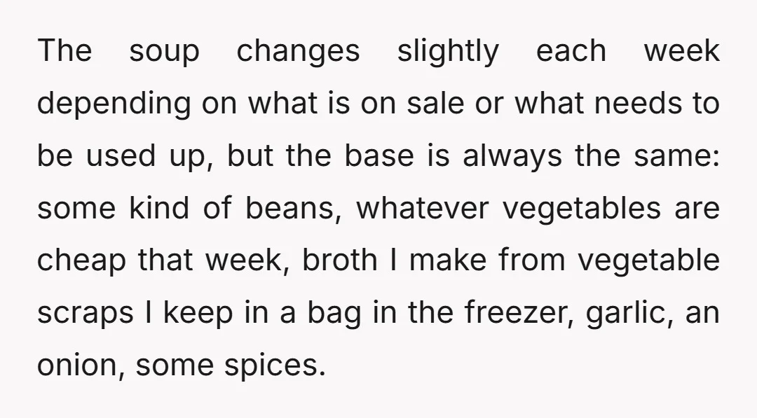 The soup changes slightly each week depending on what is on sale or what needs to be used up, but the base is always the same: some kind of beans,...