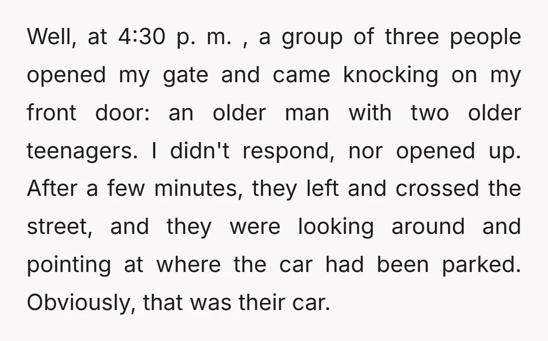 Well, at 4:30 p. m. , a group of three people opened my gate and came knocking on my front door: an older man with two older teenagers. I didn't...