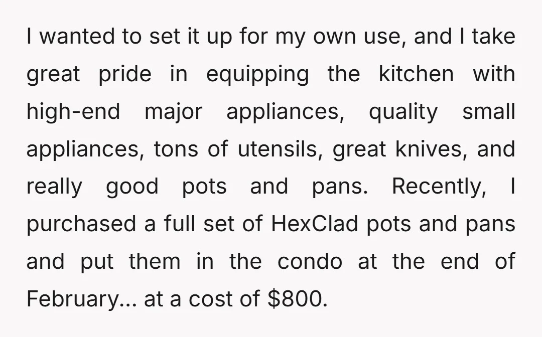 I wanted to set it up for my own use, and I take great pride in equipping the kitchen with high-end major appliances, quality small appliances, tons of utensils, great...