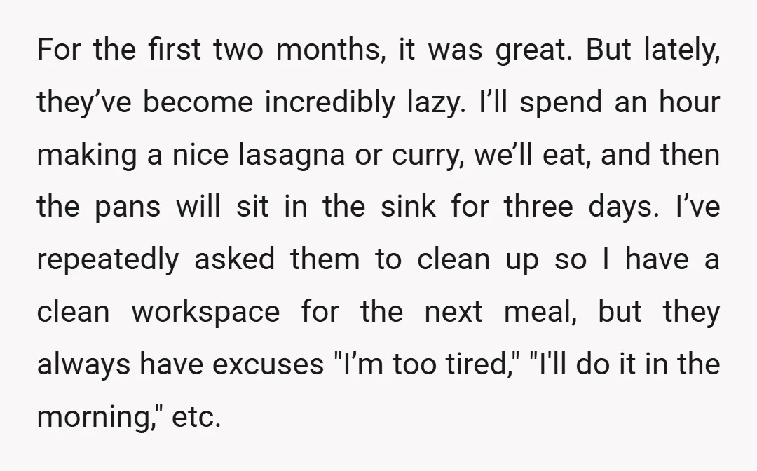 For the first two months, it was great. But lately, they’ve become incredibly lazy. I’ll spend an hour making a nice lasagna or curry, we’ll eat, and then the pans...