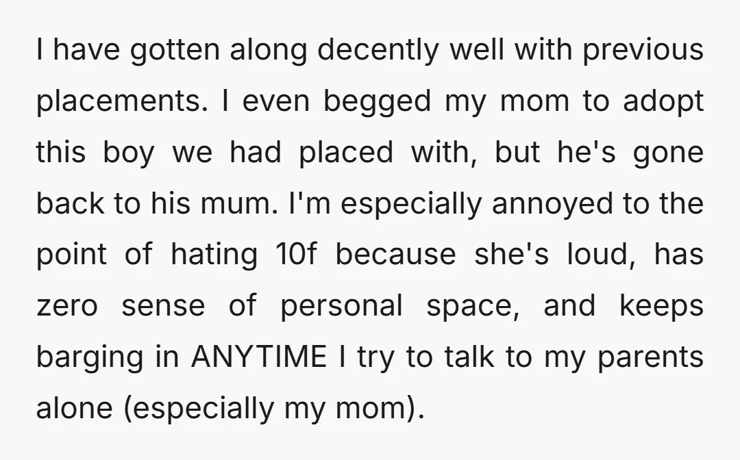 I have gotten along decently well with previous placements. I even begged my mom to adopt this boy we had placed with, but he's gone back to his mum. I'm...