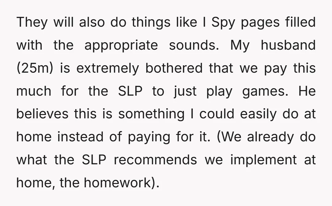 They will also do things like I Spy pages filled with the appropriate sounds. My husband (25m) is extremely bothered that we pay this much for the SLP to just...