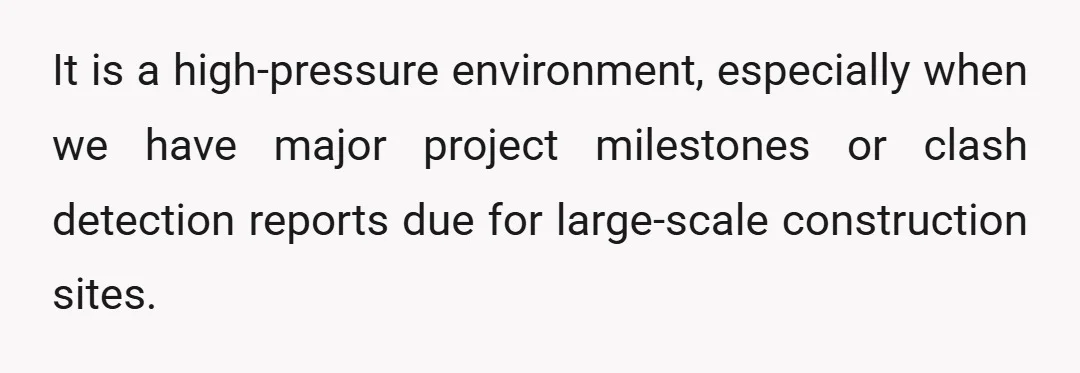 It is a high-pressure environment, especially when we have major project milestones or clash detection reports due for large-scale construction sites.