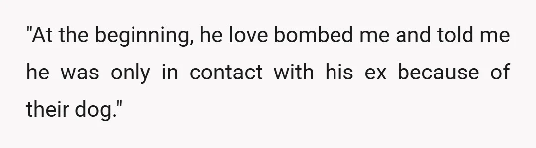 "At the beginning, he love bombed me and told me he was only in contact with his ex because of their dog."