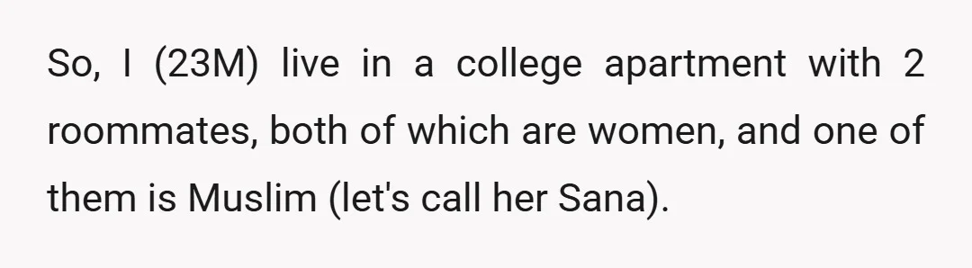 So, I (23M) live in a college apartment with 2 roommates, both of which are women, and one of them is Muslim (let's call her Sana).
