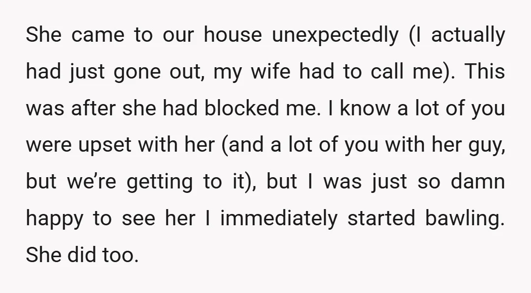 She came to our house unexpectedly (I actually had just gone out, my wife had to call me). This was after she had blocked me. I know a lot of...