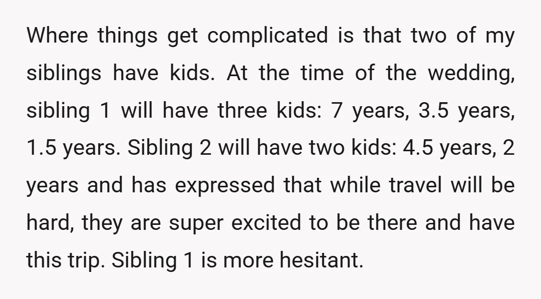 Where things get complicated is that two of my siblings have kids. At the time of the wedding, sibling 1 will have three kids: 7 years, 3.5 years, 1.5 years....