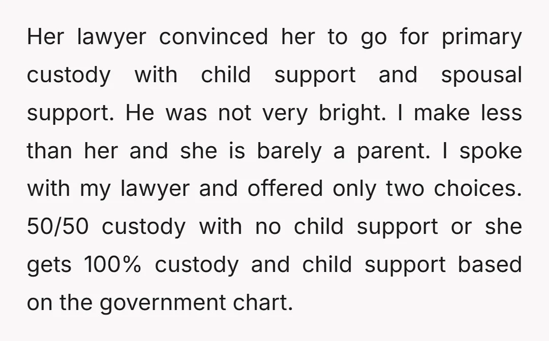 Her lawyer convinced her to go for primary custody with child support and spousal support. He was not very bright. I make less than her and she is barely a...