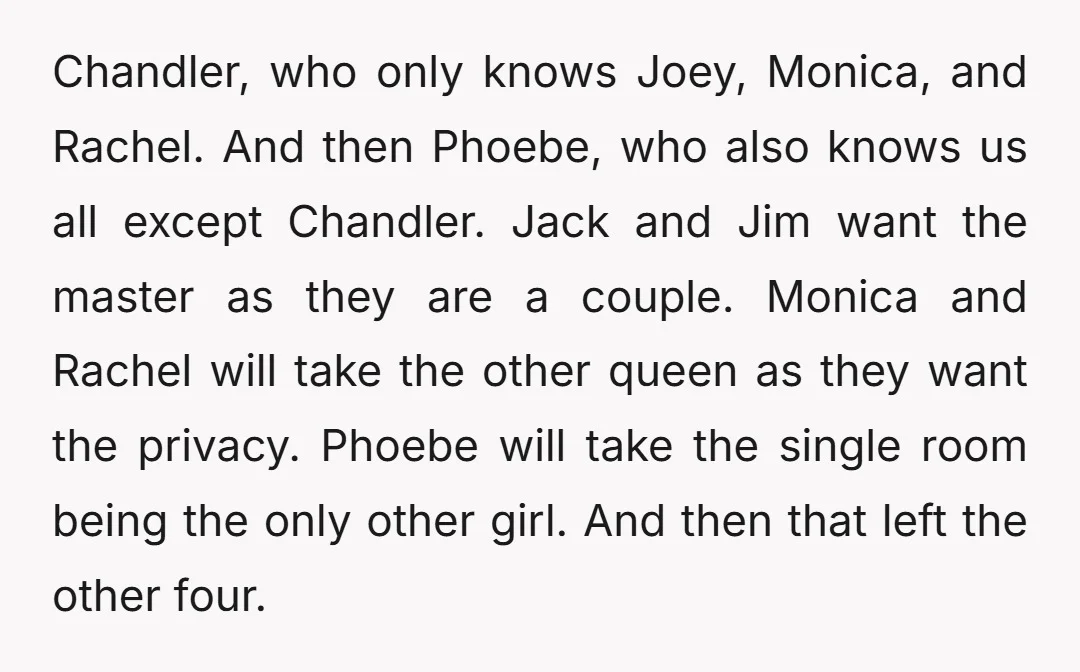 Chandler, who only knows Joey, Monica, and Rachel. And then Phoebe, who also knows us all except Chandler. Jack and Jim want the master as they are a couple. Monica...