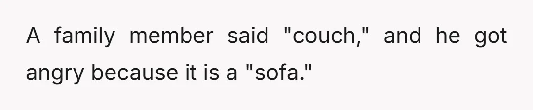A family member said "couch," and he got angry because it is a "sofa."
