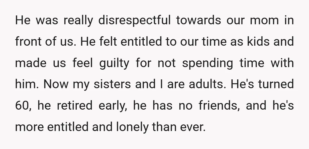 He was really disrespectful towards our mom in front of us. He felt entitled to our time as kids and made us feel guilty for not spending time with him....