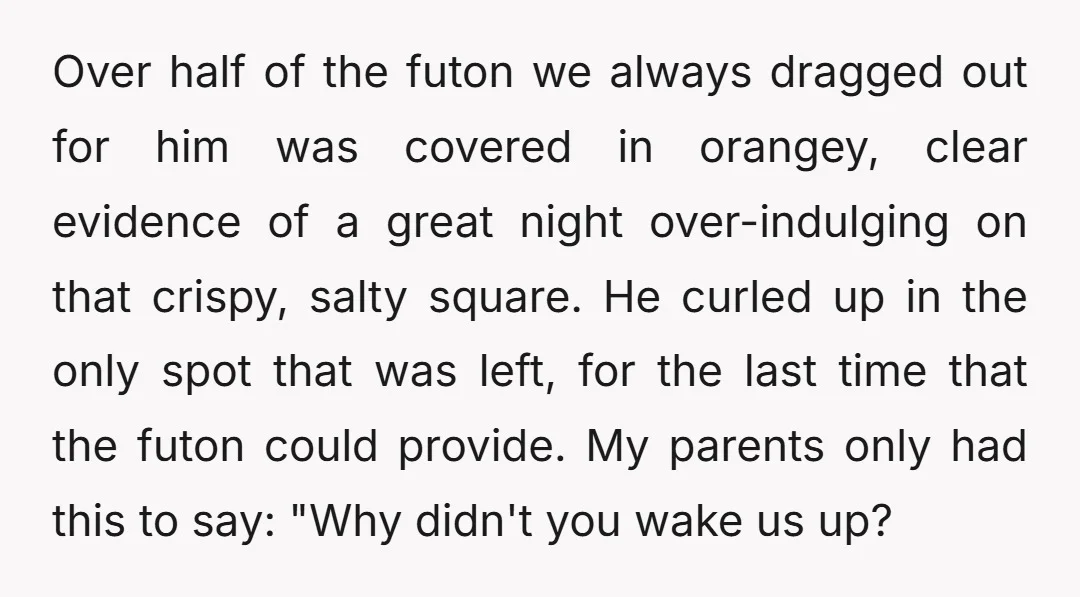 Over half of the futon we always dragged out for him was covered in orangey, clear evidence of a great night over-indulging on that crispy, salty square. He curled up...