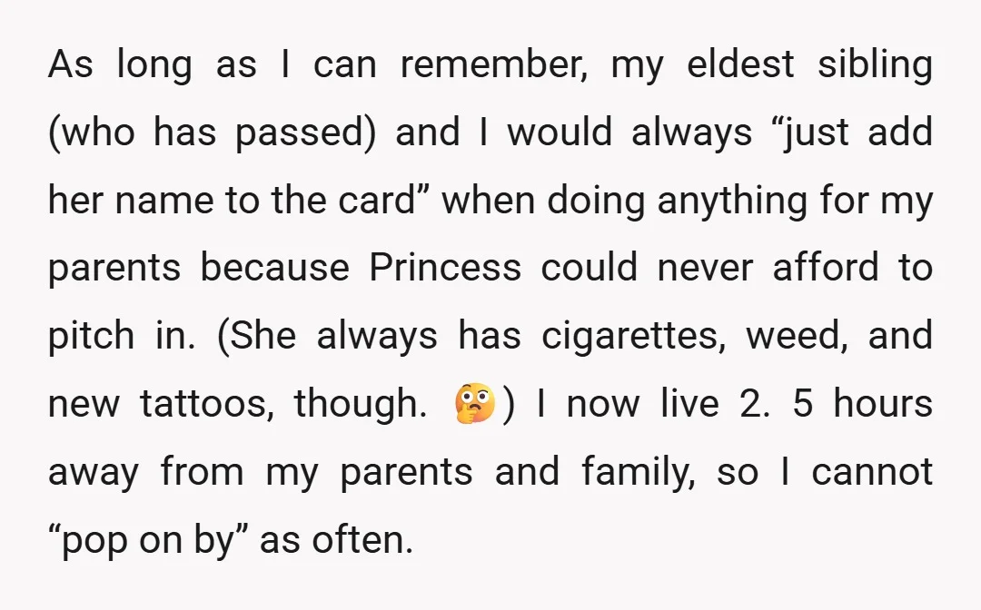 As long as I can remember, my eldest sibling (who has passed) and I would always “just add her name to the card” when doing anything for my parents because...