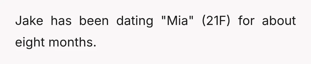 Jake has been dating "Mia" (21F) for about eight months.