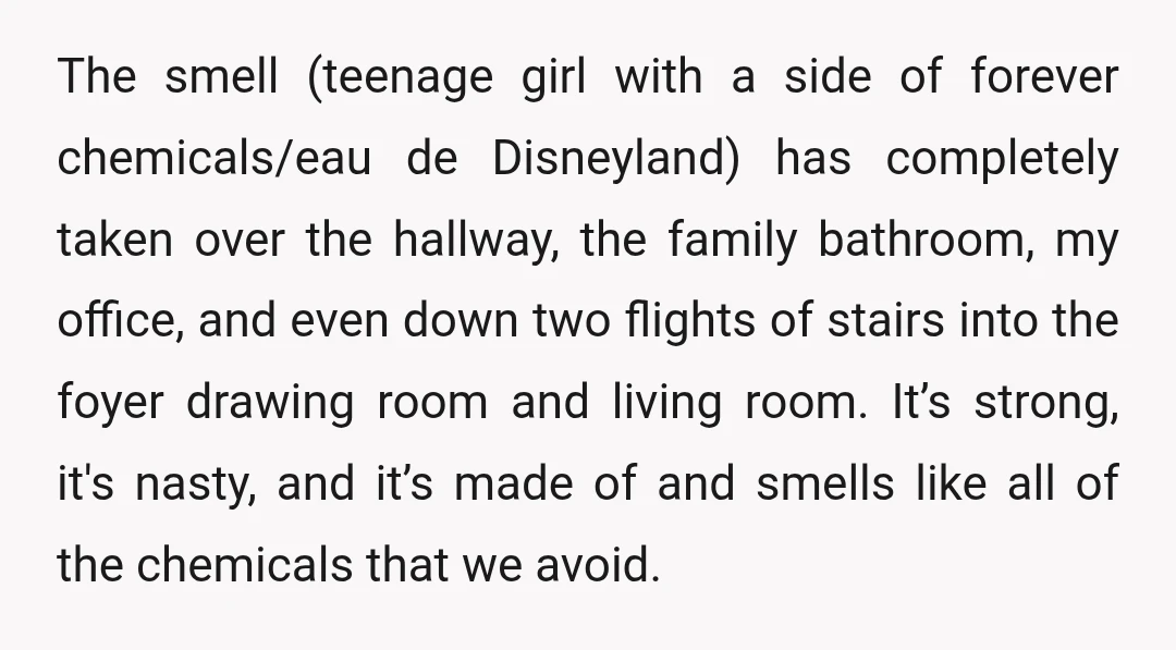 The smell (teenage girl with a side of forever chemicals/eau de Disneyland) has completely taken over the hallway, the family bathroom, my office, and even down two flights of stairs...