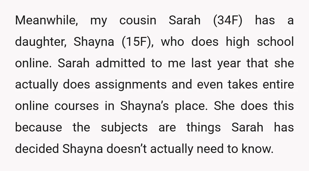 Meanwhile, my cousin Sarah (34F) has a daughter, Shayna (15F), who does high school online. Sarah admitted to me last year that she actually does assignments and even takes entire...