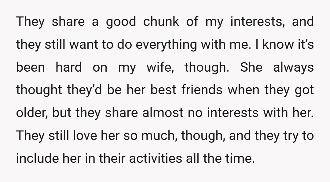 They share a good chunk of my interests, and they still want to do everything with me. I know it’s been hard on my wife, though. She always thought they’d...