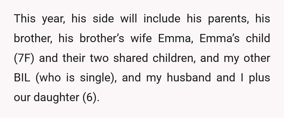 This year, his side will include his parents, his brother, his brother’s wife Emma, Emma’s child (7F) and their two shared children, and my other BIL (who is single), and...
