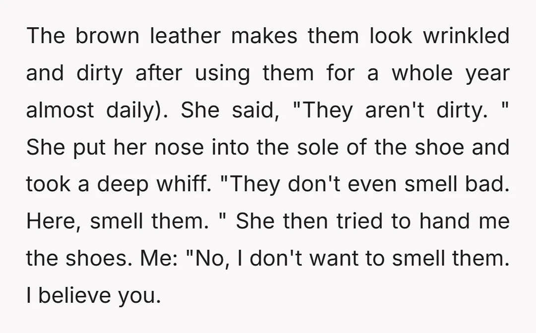 The brown leather makes them look wrinkled and dirty after using them for a whole year almost daily). She said, "They aren't dirty. " She put her nose into the...