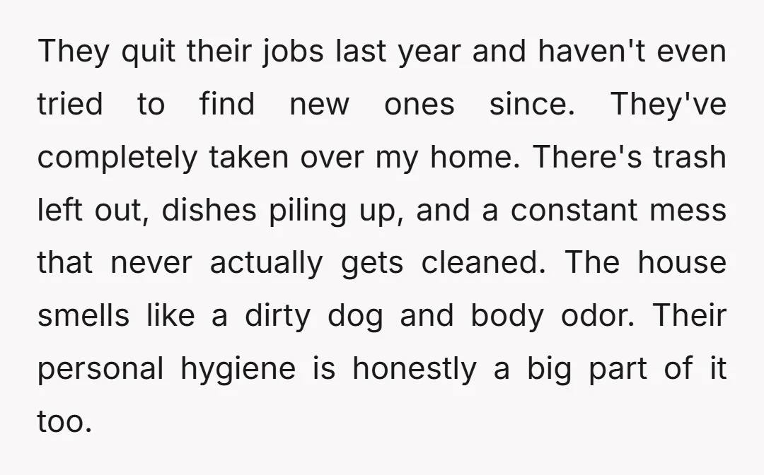 They quit their jobs last year and haven't even tried to find new ones since. They've completely taken over my home. There's trash left out, dishes piling up, and a...