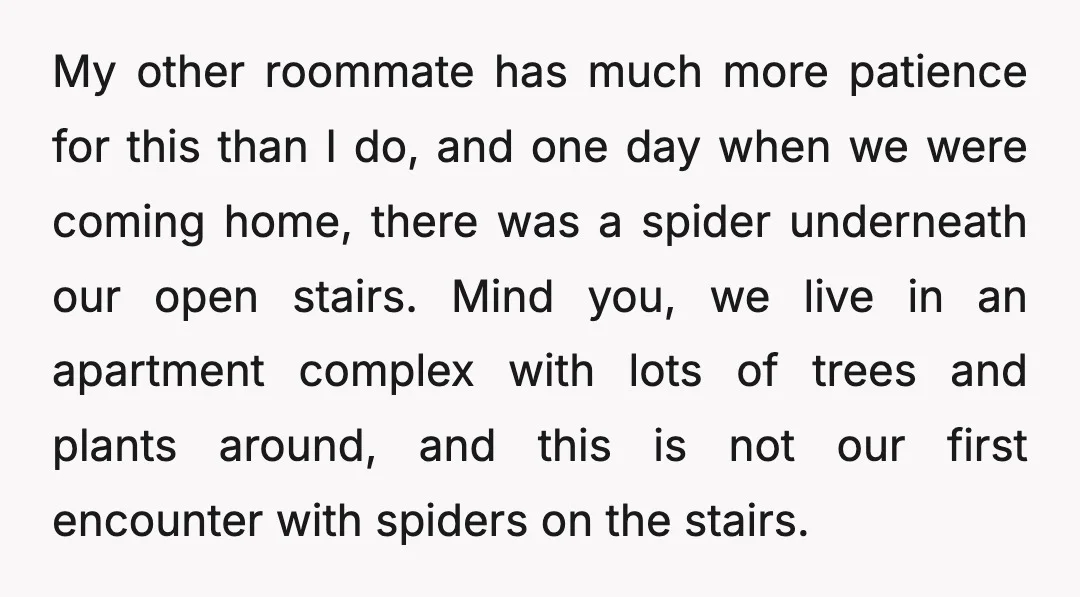 My other roommate has much more patience for this than I do, and one day when we were coming home, there was a spider underneath our open stairs. Mind you,...