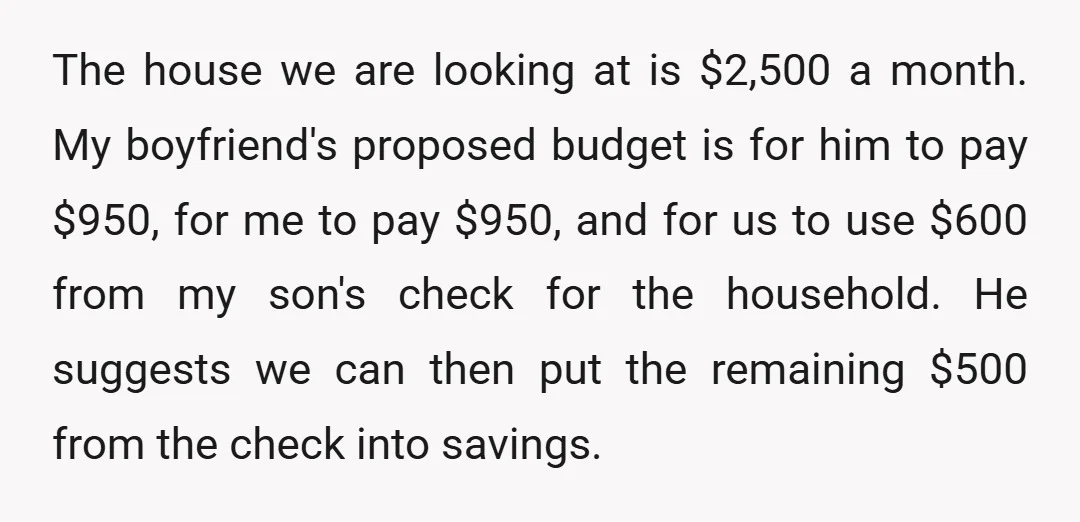 The house we are looking at is $2,500 a month. My boyfriend's proposed budget is for him to pay $950, for me to pay $950, and for us to use...