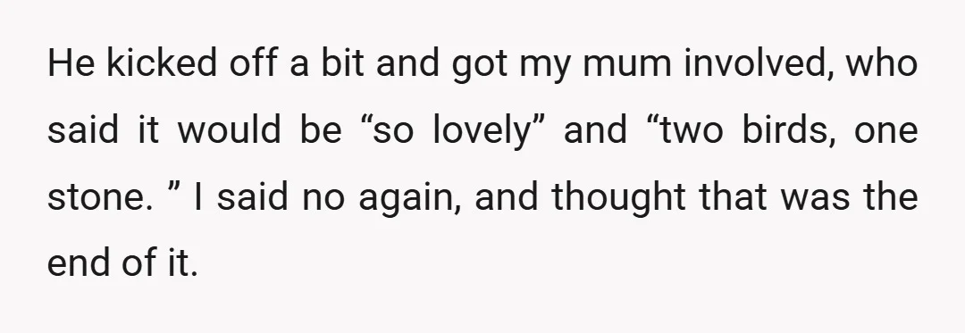 He kicked off a bit and got my mum involved, who said it would be “so lovely” and “two birds, one stone. ” I said no again, and thought that...