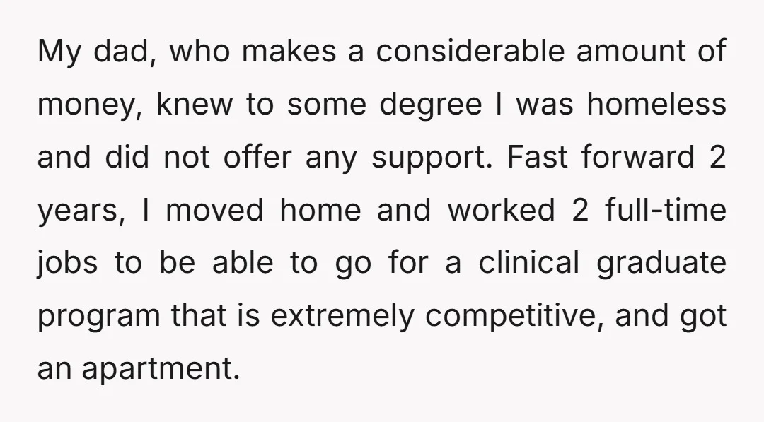 My dad, who makes a considerable amount of money, knew to some degree I was homeless and did not offer any support. Fast forward 2 years, I moved home and...