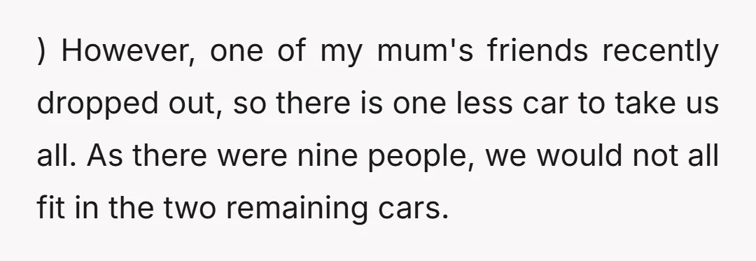 ) However, one of my mum's friends recently dropped out, so there is one less car to take us all. As there were nine people, we would not all fit...