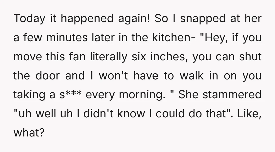 Today it happened again! So I snapped at her a few minutes later in the kitchen- "Hey, if you move this fan literally six inches, you can shut the door...