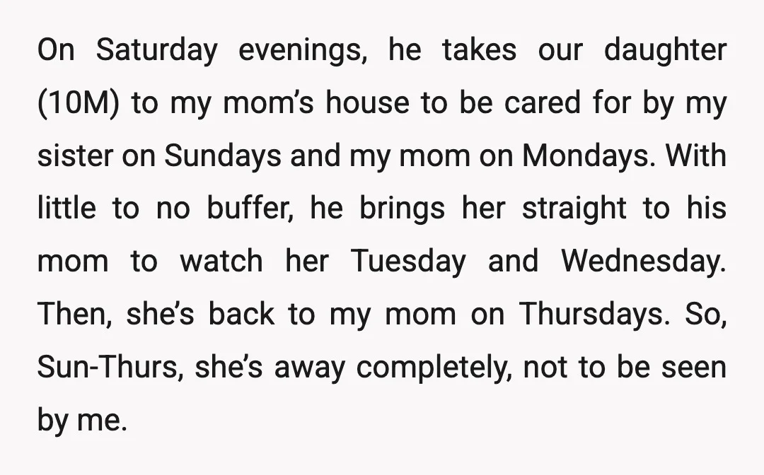 On Saturday evenings, he takes our daughter (10M) to my mom’s house to be cared for by my sister on Sundays and my mom on Mondays. With little to no...